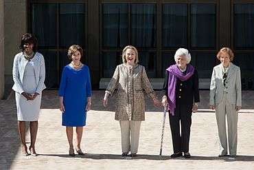 United States First Lady Michelle Obama with former First Ladies Laura Bush, Hillary Clinton, Barbara Bush, and Rosalynn Carter during the dedication of the George W. Bush Presidential Library and Museum on the campus of Southern Methodist University in Dallas, Texas, on April 25, 2013. As of February 21, 2017, these are all five of the former living First Ladies of the United States.