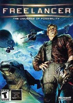 A blond man, wearing an unbuttoned leather jacket, stands at the right, holding a pilot's helmet in his left hand. In the background, spacecraft engage in a massive battle. The words "Freelancer: The Universe of Possibility" are emblazoned at the top.