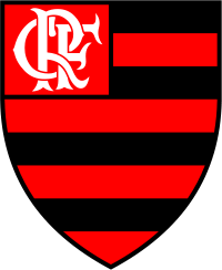 An escutcheon with horizontal red and black stripes, with a monogram of the letters CRF in its upper-left part