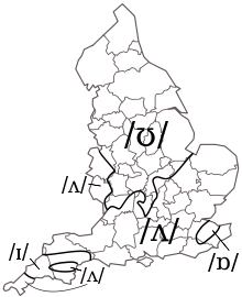 A map of England, with isoglosses showing how different regions pronounce "sun"