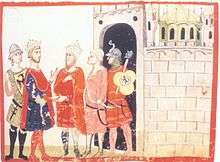 Manuscript illumination of five men outside a fortress