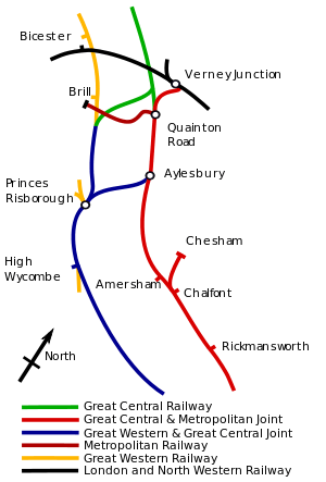 A map shows the joint Great Western route parallel to the Met's Route. A joint railway links the two at Aylesbury; a Great Central Railway links the two before Brill.