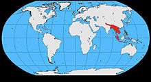 World map showing range confined to Southeast Asia