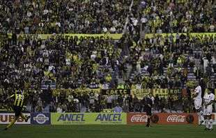 Player kicking a ball, with crowded stands in background