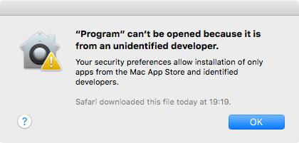 Screenshot of a system alert, informing the user that the application cannot be opened, because it was not signed by a registered developer.