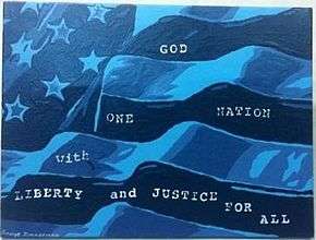 The blue painting of an American flag, which has 50 stars and 13 stripes. Light blue is a color variation for original white stars and stripes. Dark blue is a color variation for original blue box of the stars and original red stripes. The front text of the painting says "GOD / ONE NATION / with / LIBERTY and JUSTICE FOR ALL". Bottom-left corner say "George Zimmerman" handwritten and signed.