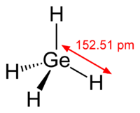 Skeletal chemical structure of a tetrahedral molecule with germanium atom in its center bonded to four hydrogen atoms. The Ge-H distance is 152.51 picometers.