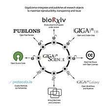 A diagram showing gigascience as a central hub to several publishing systems including pre-print servers, protocol repositories and virtual machine repositories.