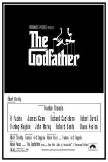 The Godfather written on a black background in stylized white lettering, above it a hand holds puppet strings