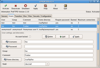 Screenshot of GAdmin-ProFTPD 8.2.4 user tab