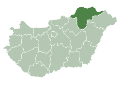 Map of Hungary highlighting Borsod-Abaúj-Zemplén County