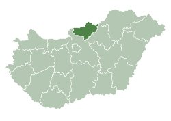 Map of Hungary highlighting Nógrád County