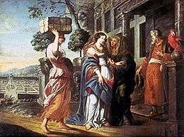 The scene of Mary visiting Elizabeth in a 17th-century painting