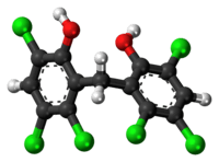 Ball-and-stick model of the hexachlorophene molecule