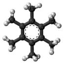 Ball-and-stick model of the hexamethylbenzene molecule