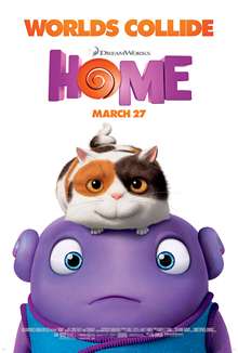 Film poster showing Oh the Boov with a cat sitting on top of his head.