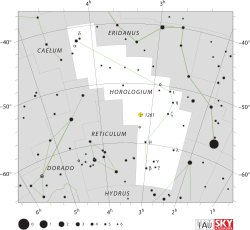 Diagram showing star positions and boundaries of the Horologium constellation and its surroundings