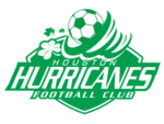 The Houston Hurricanes FC crest, with the team's name across a green shield with a Hurricane devouring a soccer ball and four-leaf clovers.