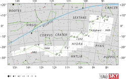 Diagram showing star positions and boundaries of the Hydra constellation and its surroundings