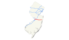 A map of New Jersey showing major roads. I-195 runs east-west across the center of the state.