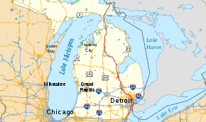 I-75 runs from the southeastern corner of the Lower Peninsula northeasterly to Detroit and then northwesterly and northerly to the Straits of Mackinac. Once across the Mackinac Bridge, it runs northeasterly across the eastern end of the Upper Peninsula to terminate at the Canadian border.