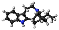 Ball-and-stick model of the ibogamine molecule