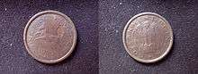 Both sides of copper-coloured coin