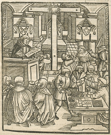 Woodcut illustration of a preacher preaching to listening people while other people exchange money for indulgence certificates. The papal arms are displayed on the walls on either side of a cross.