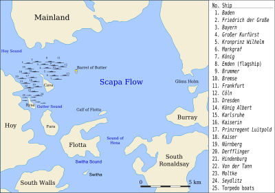 A map designating the locations where the German ships were sunk.