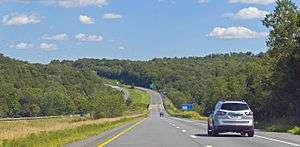 A divided highway with the camera on the righthand side, going through a short dip. A silver car is ahead on the right, and in the distance are green and blue signs indicating a nearby exit and the services to be found at it.