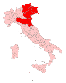 "A picture showing Northeast Italy highlighted in red in a political map of Italy."