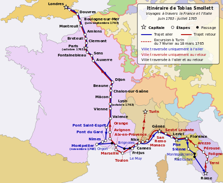 carte schématique indiquant les étapes du voyage, aller-retour, depuis Londres jusqu'à Rome