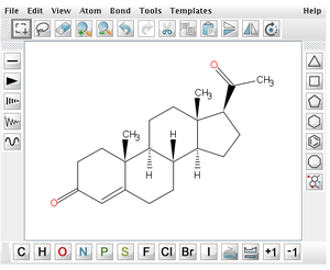 Computer display showing a two-dimensional molecule model in black and white, with red oxygen.