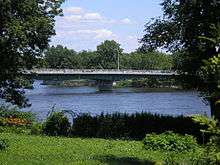 An idyllic bridge seen between the trees.