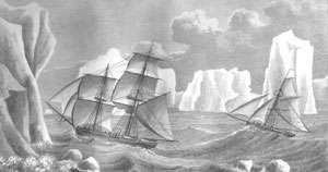  Stylized drawing of two sailing ships caught in rough seas, surrounded by towering icebergs.