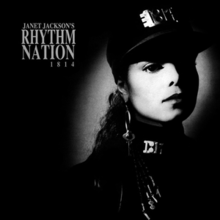 A young woman photographed in black and white wears an all-black, military-styled uniform accented by silver-plated accessories. A spotlight shines on her face. To her left reads the text "Janet Jackson's Rhythm Nation 1814".