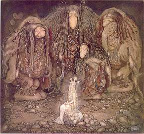 Illustration of three trolls surrounding a princess in a dark area, as adapted from a collection of Swedish fairy tales