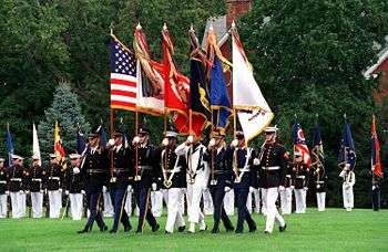 United States Joint Service Color Guards on parade at Fort Myer