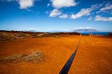 Irrigation tubing running along the red dirt of Kahoʻolawe as a crew works to plant new life in the hard packed soil.