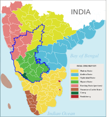 Map of south India, with the districts of modern-day Karnataka highlighted