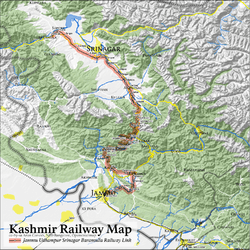 A map of the Jammu-Baramulla railway line showing the Katra-Laole section