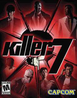 Artwork of a vertical rectangular box that is predominately red and black. The seven main characters of the game are arrayed in a circle around the text "Killer7" while an eighth character peeks from behind the text.