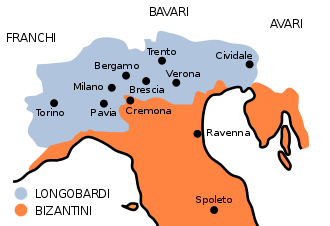 A map of Italy divided in orange and green colors, with a green blot for "Longobard" an orange one for "Byzantine"