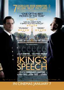 A film poster showing two men framing a large, ornate window looking out onto London. Colin Firth, on the left, is wearing as naval uniform as King George VI, staring at the viewer. Geoffrey Rush, on the right, is wearing a suit and facing out the window, his back to the reader. The picture is overlaid with names and critical praise for the film.