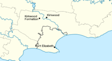 Map shows the city of Port Elizabeth on the coast of South Africa, with Kirkwood to the north, and the formation just west of Kirkwood.