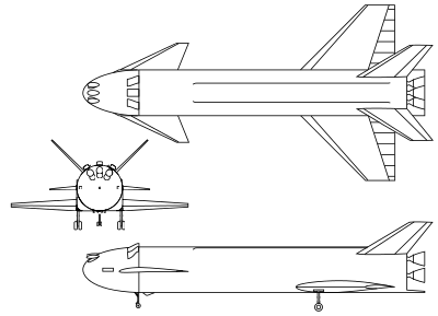 A line drawing of DLR's liquid fly-back booster, showing top, front, and side views