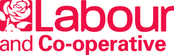 Red on white words "Labour and Co-operative" in sans-serif font to the right of white on red silhouette of a rose