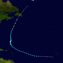 Track of long-lived hurricane across the Atlantic