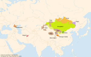 Topographic map showing Asia as centered on modern-day Mongolia and Kazakhstan. Areas are marked in multiple colors and attributed some of the language names of Mongolic languages. The extent of the colored area is somewhat less than in the previous map.