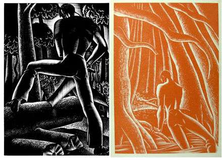 Two monochrome images.  The left, in black, depicts a man from behind sawing wood, and the right, in orange, a man in the woods emerging from the water, directing himself toward a nude female who lies on the ground in the distance.